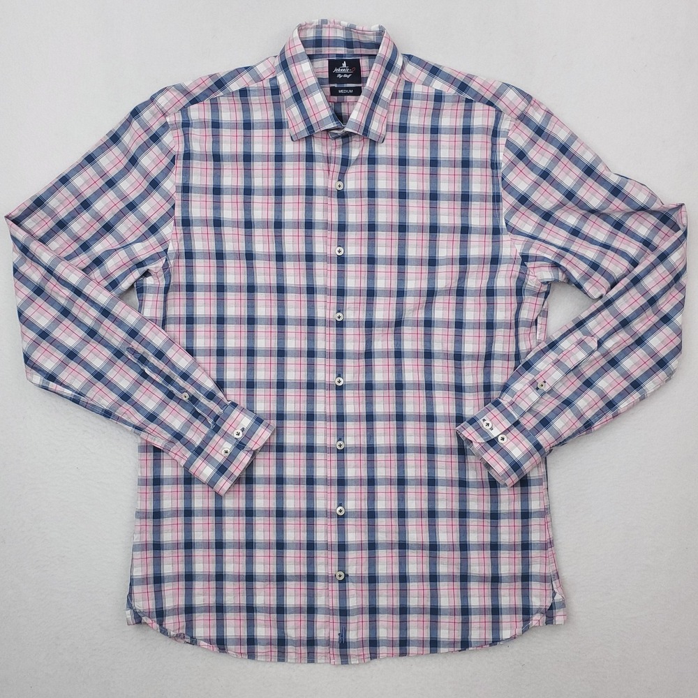 Johnnie-O Shirt Mens Medium Blue Pink Plaid Top Shelf Granger Button Down Cotton